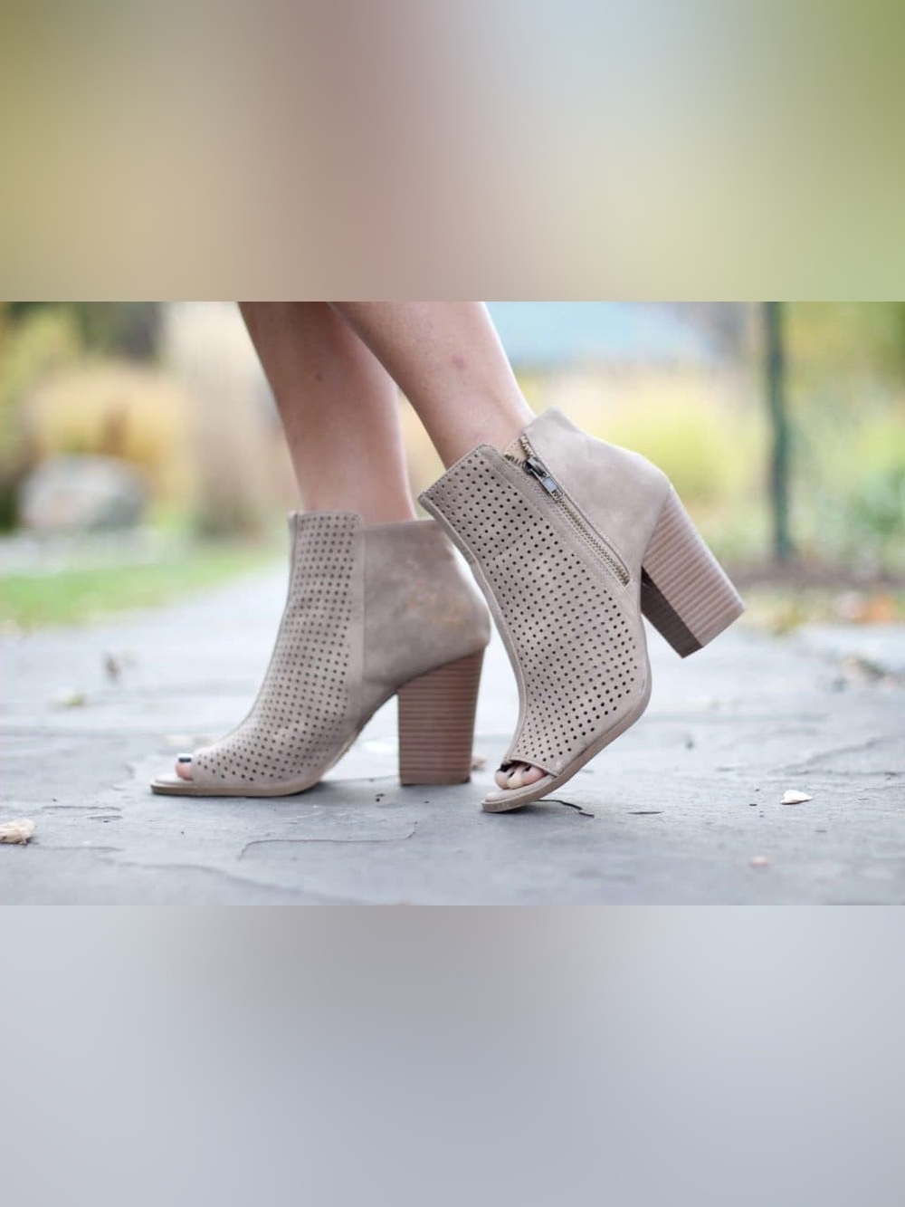 Francesca’s Women's Open-Toe Perforated Ankle Booties in Taupe